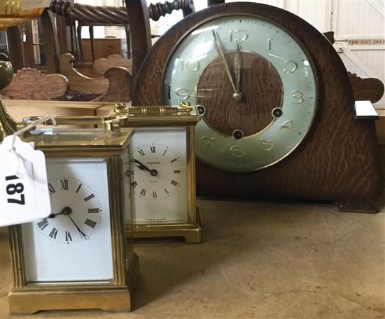 2 carriage clocks & oak mantel clock